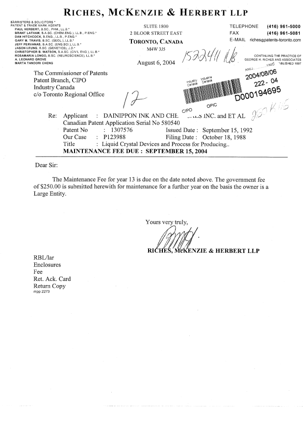 Canadian Patent Document 1307576. Fees 20040806. Image 1 of 1