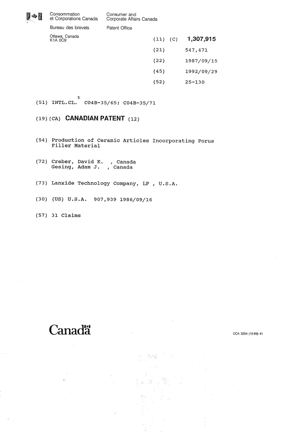 Canadian Patent Document 1307915. Cover Page 19931104. Image 1 of 1