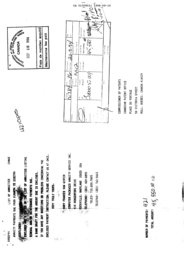 Canadian Patent Document 1309011. Fees 19940916. Image 1 of 2