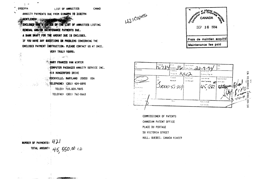Canadian Patent Document 1309011. Fees 19940916. Image 1 of 2