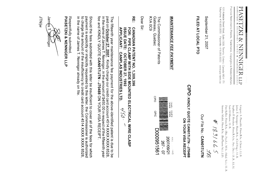 Canadian Patent Document 1309396. Fees 20070921. Image 1 of 1