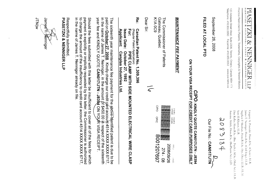 Canadian Patent Document 1309396. Fees 20080926. Image 1 of 1