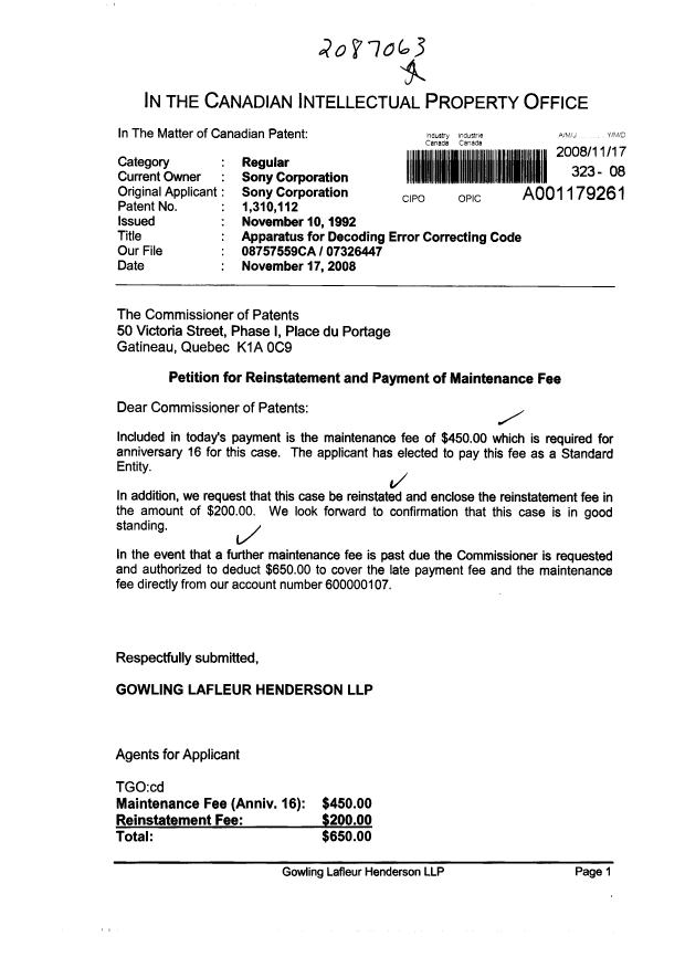 Document de brevet canadien 1310112. Taxes 20081117. Image 1 de 1