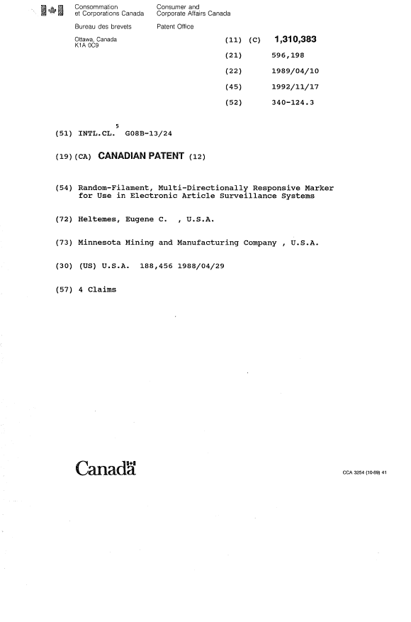 Document de brevet canadien 1310383. Page couverture 19931108. Image 1 de 1