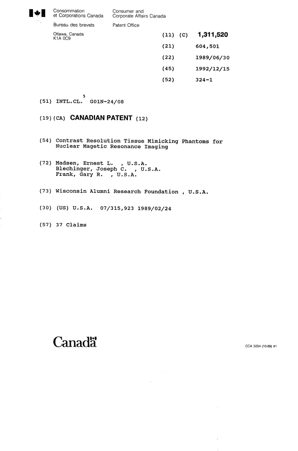 Document de brevet canadien 1311520. Page couverture 19931109. Image 1 de 1