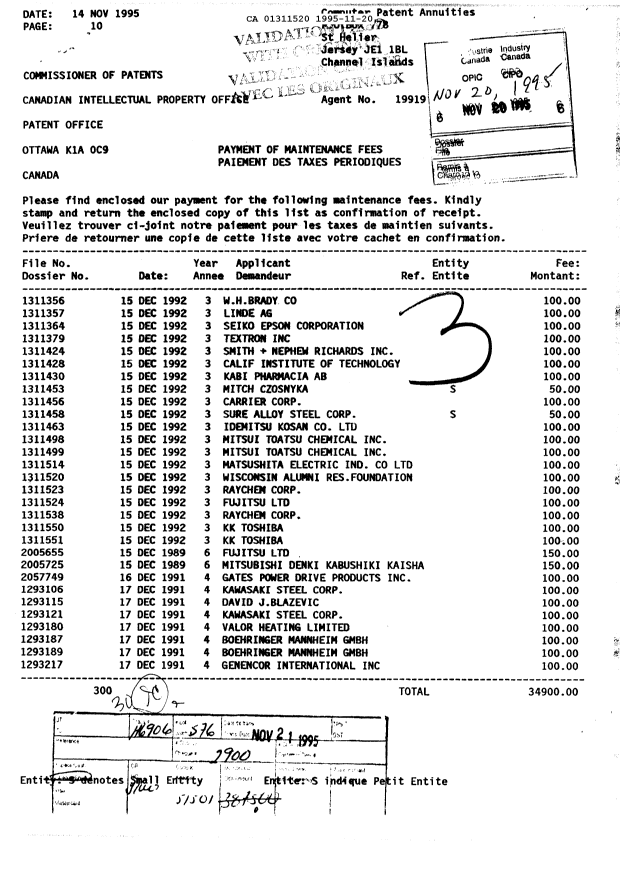 Document de brevet canadien 1311520. Taxes 19951120. Image 1 de 1