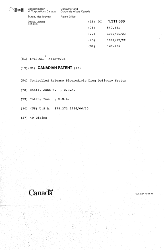 Canadian Patent Document 1311686. Cover Page 19921209. Image 1 of 1
