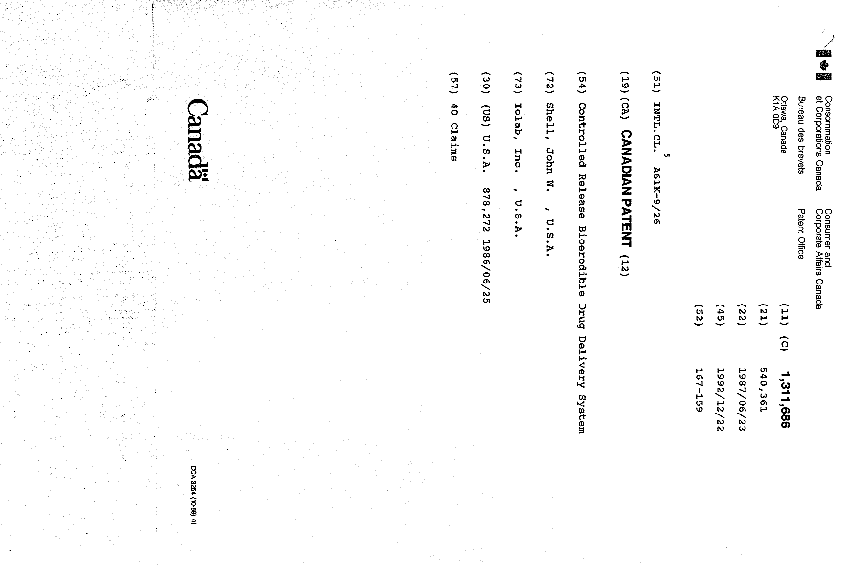 Canadian Patent Document 1311686. Cover Page 19921209. Image 1 of 1