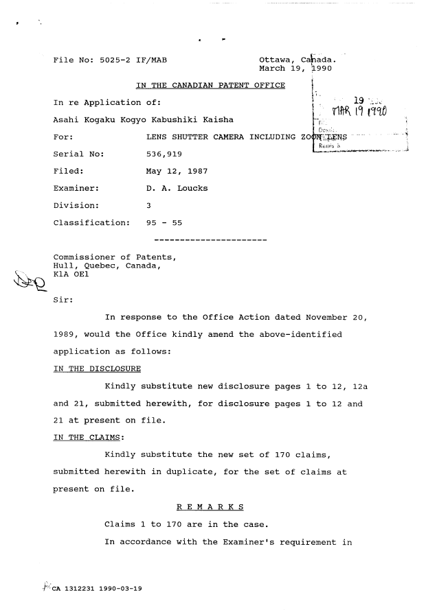 Canadian Patent Document 1312231. Prosecution Correspondence 19900319. Image 1 of 3
