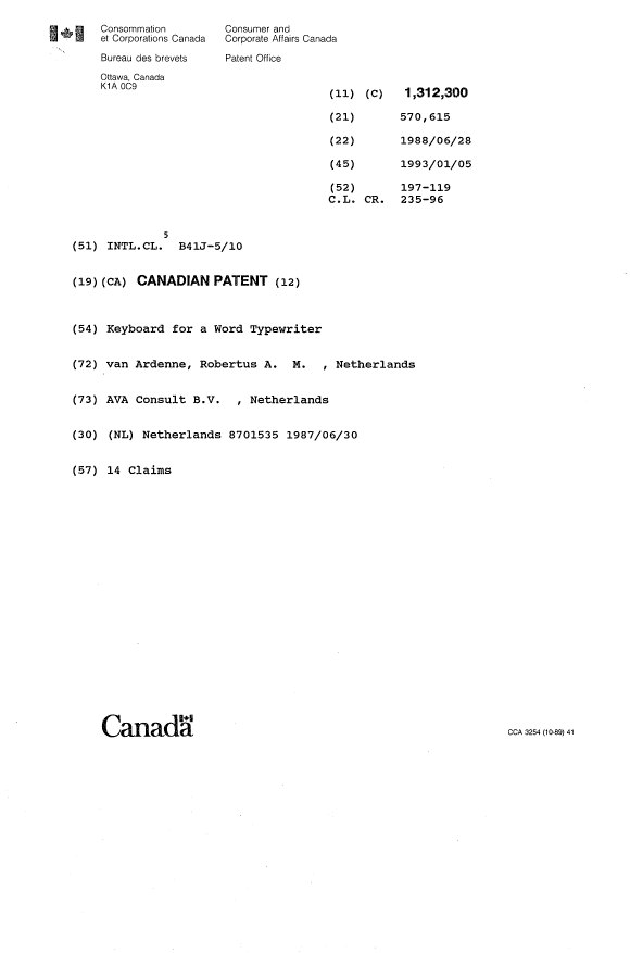 Document de brevet canadien 1312300. Page couverture 19931116. Image 1 de 1