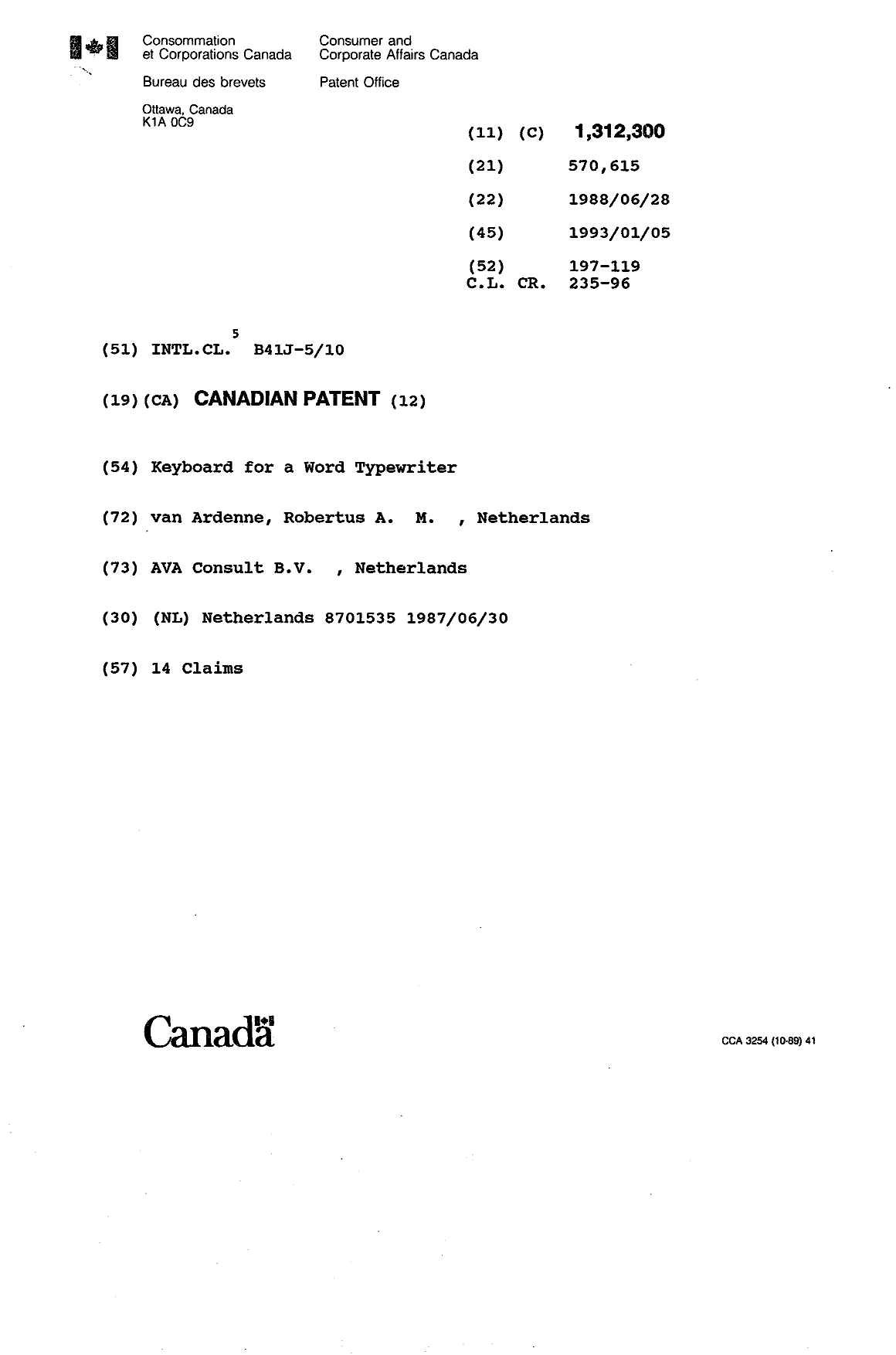 Canadian Patent Document 1312300. Cover Page 19931116. Image 1 of 1