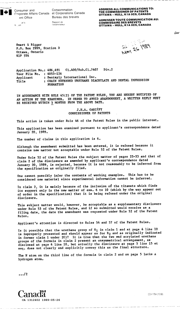Document de brevet canadien 1312402. Demande d'examen 19890526. Image 1 de 2