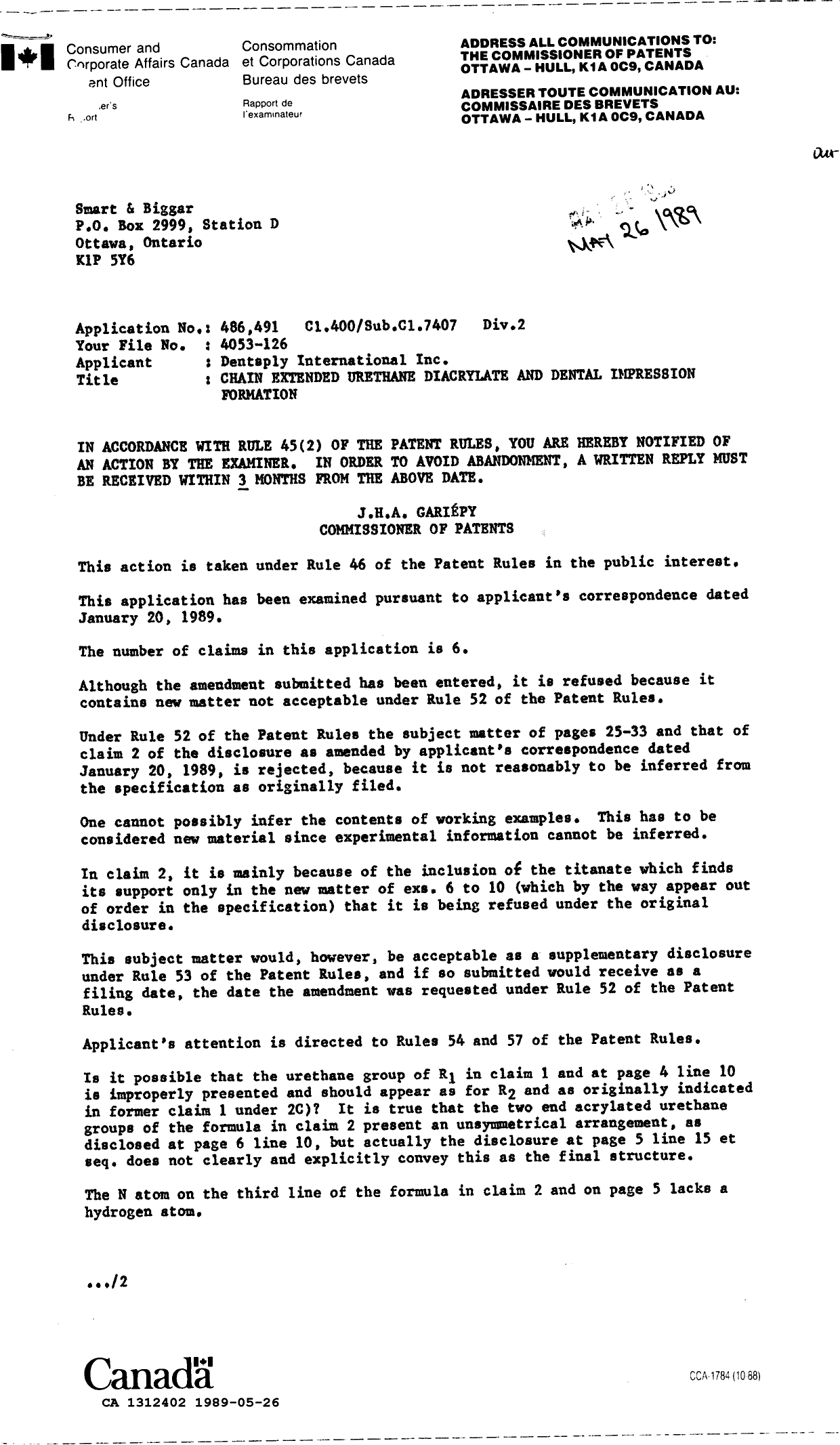 Canadian Patent Document 1312402. Examiner Requisition 19890526. Image 1 of 2