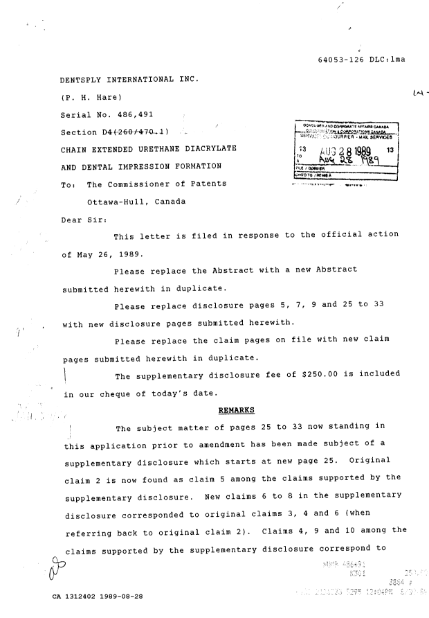 Canadian Patent Document 1312402. Prosecution Correspondence 19890828. Image 1 of 2