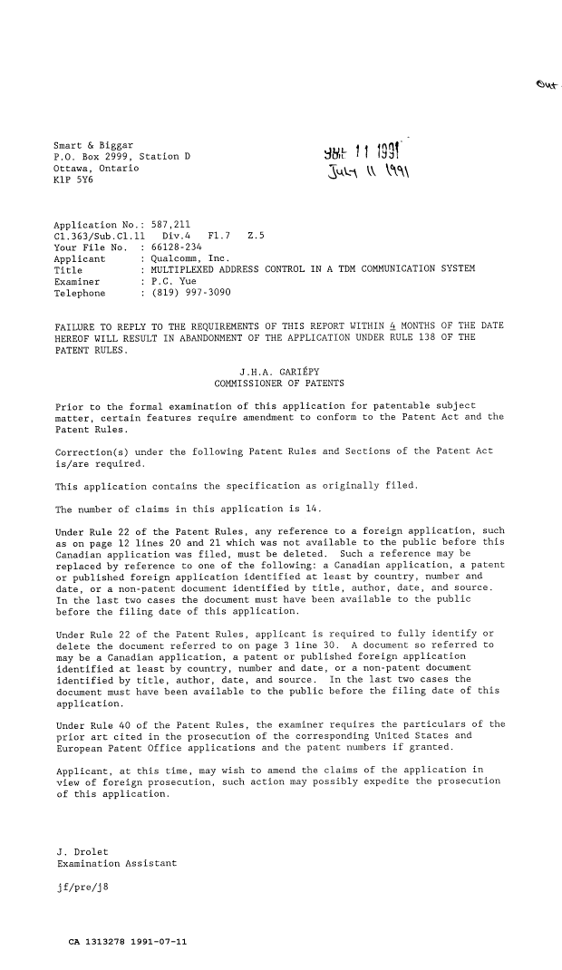 Document de brevet canadien 1313278. Demande d'examen 19910711. Image 1 de 1