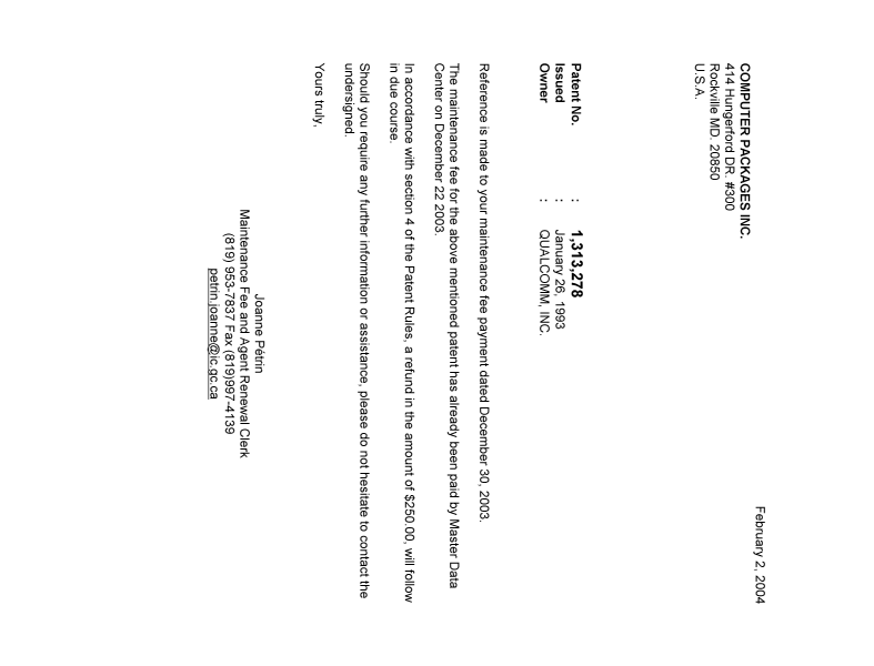 Canadian Patent Document 1313278. Correspondence 20040202. Image 1 of 1
