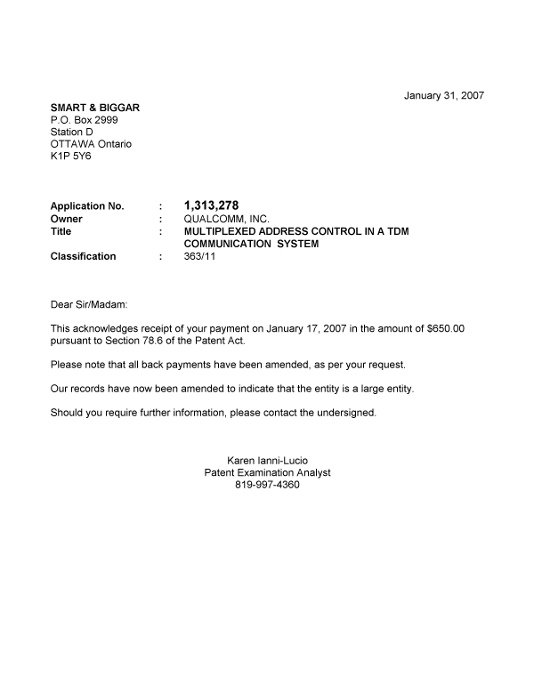 Document de brevet canadien 1313278. Correspondance 20070131. Image 1 de 1