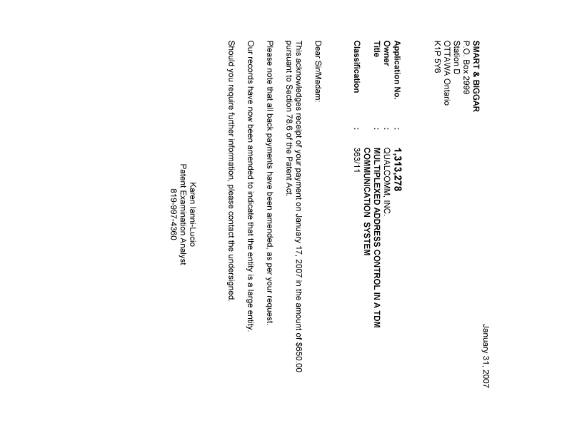 Canadian Patent Document 1313278. Correspondence 20070131. Image 1 of 1
