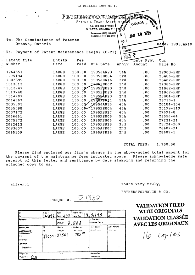 Canadian Patent Document 1313313. Fees 19950110. Image 1 of 1