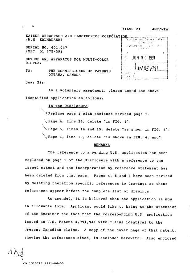 Canadian Patent Document 1313716. Prosecution Correspondence 19910603. Image 1 of 4