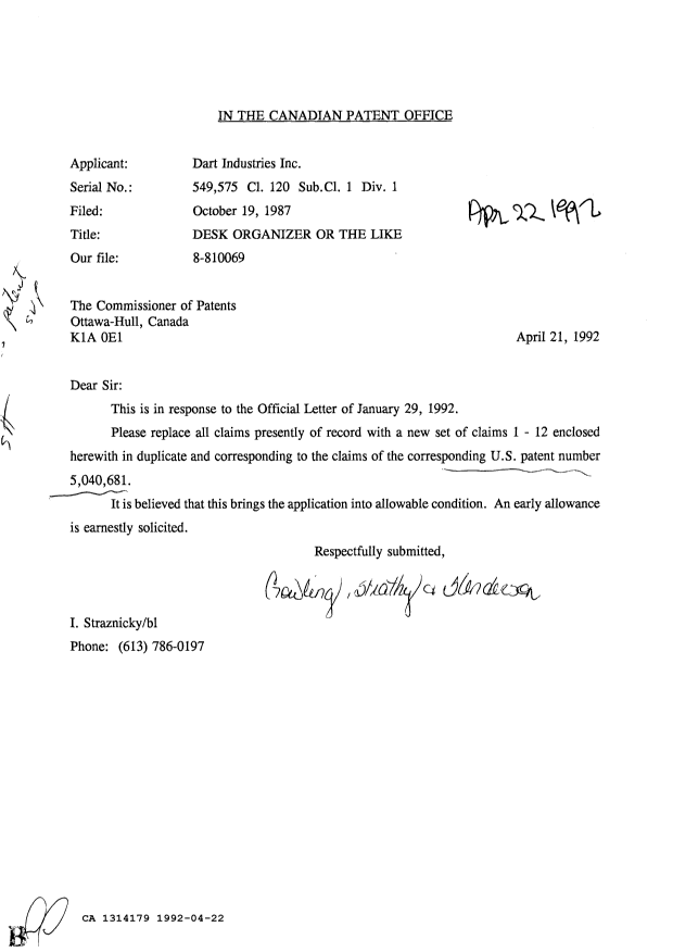 Canadian Patent Document 1314179. Prosecution Correspondence 19920422. Image 1 of 1