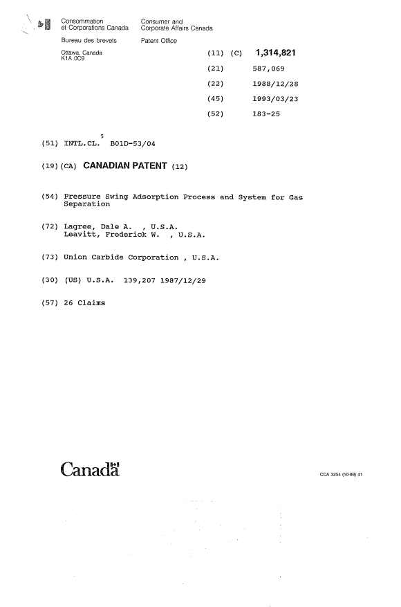 Canadian Patent Document 1314821. Cover Page 19931110. Image 1 of 1
