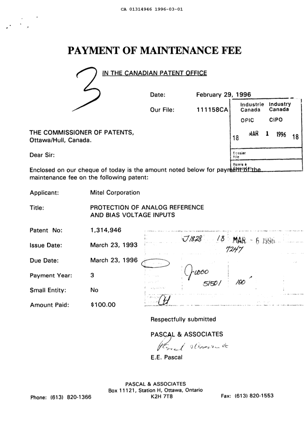 Canadian Patent Document 1314946. Fees 19960301. Image 1 of 1