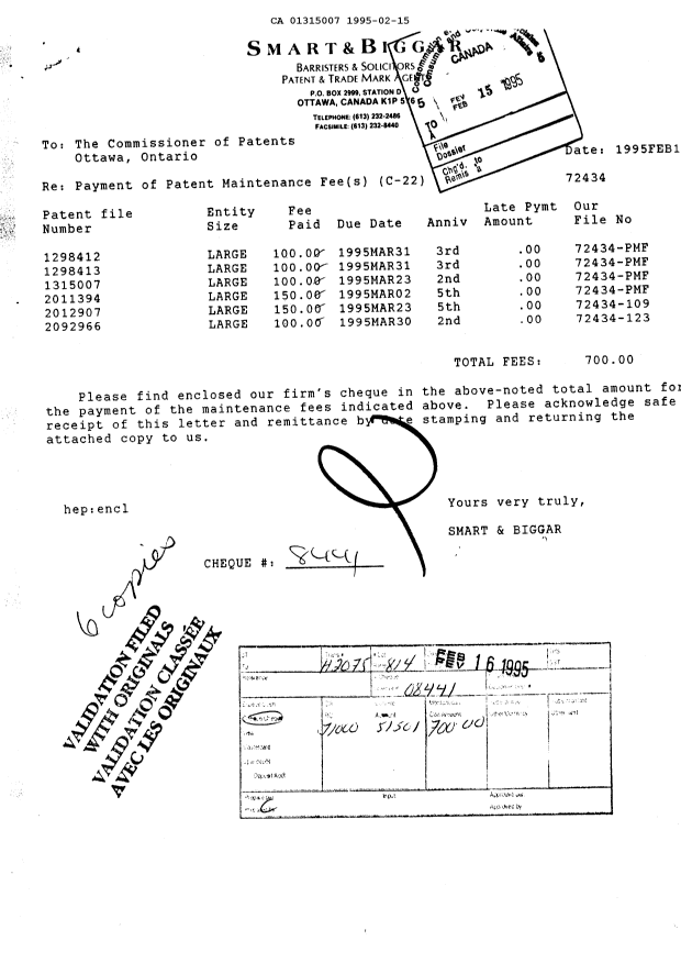 Document de brevet canadien 1315007. Taxes 19950215. Image 1 de 1