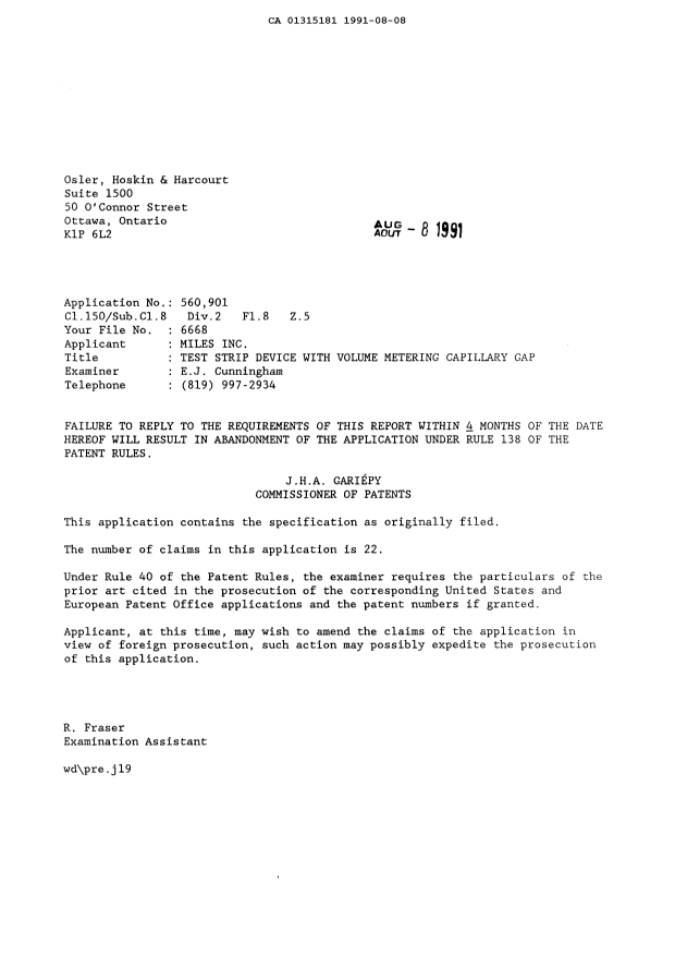 Canadian Patent Document 1315181. Prosecution-Amendment 19910808. Image 1 of 1