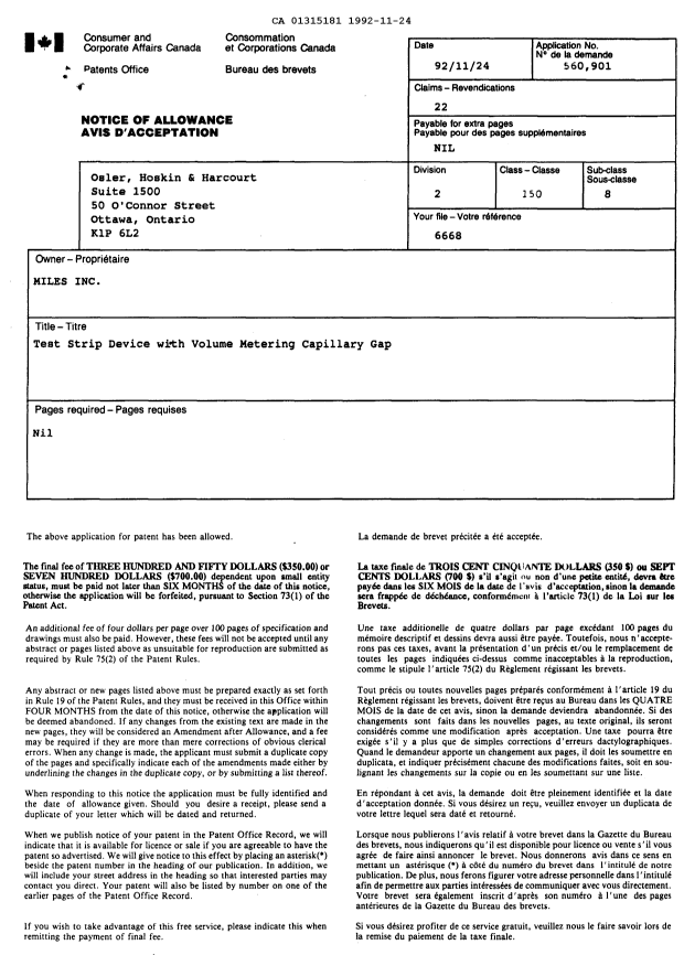 Canadian Patent Document 1315181. Correspondence 19921124. Image 1 of 1
