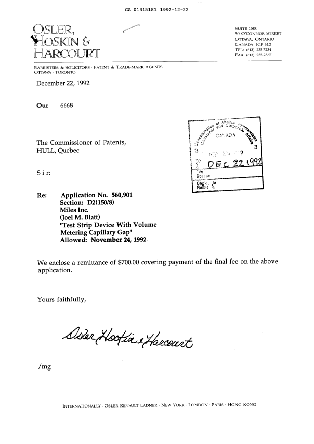 Canadian Patent Document 1315181. Correspondence 19921222. Image 1 of 1