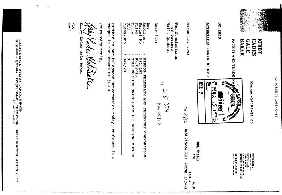 Canadian Patent Document 1315374. Correspondence 19930315. Image 1 of 1