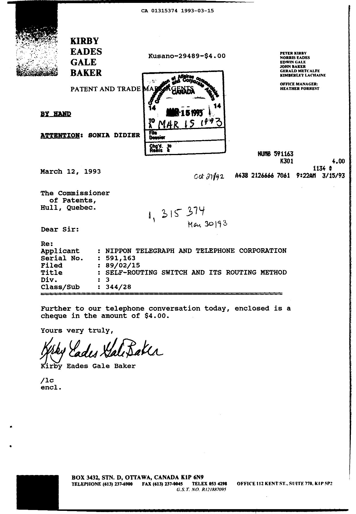 Canadian Patent Document 1315374. Correspondence 19930315. Image 1 of 1
