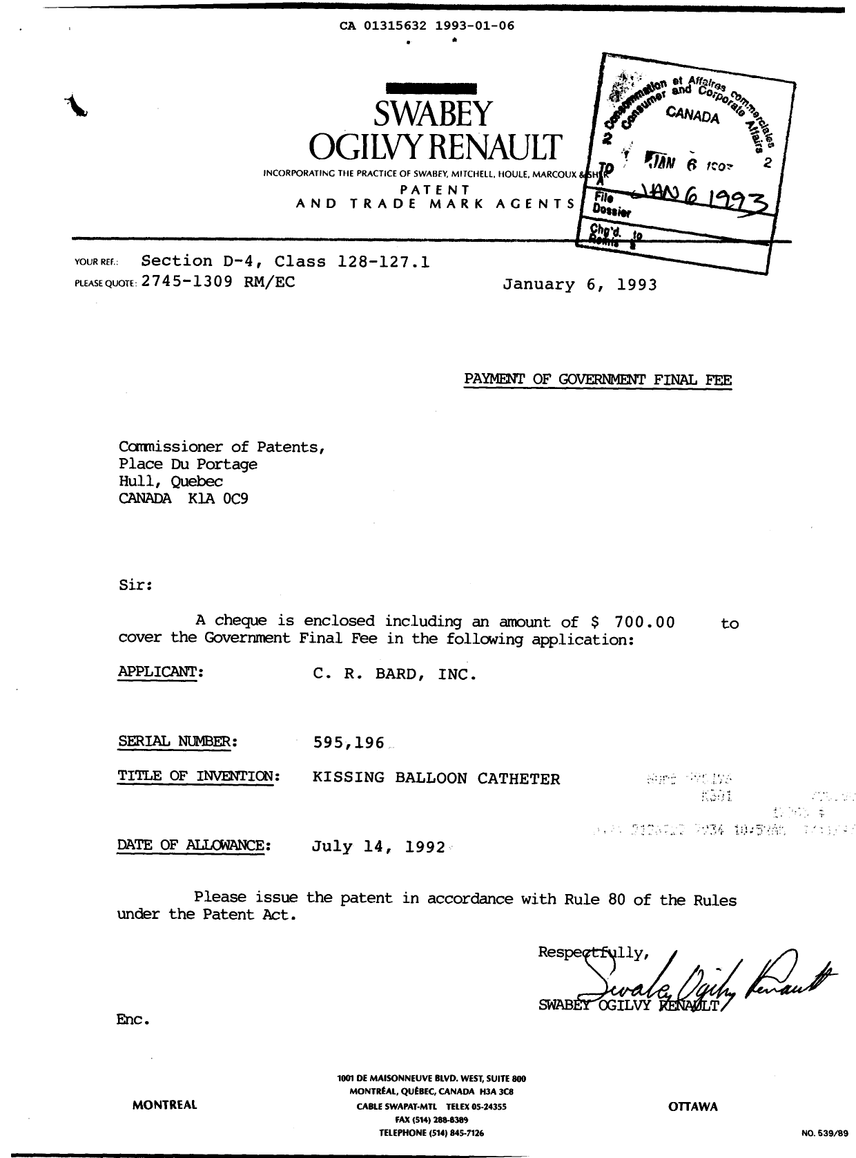 Canadian Patent Document 1315632. Correspondence 19930106. Image 1 of 1