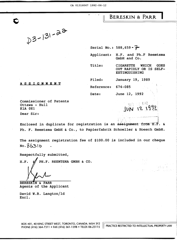 Document de brevet canadien 1316067. Cession 19920612. Image 1 de 2