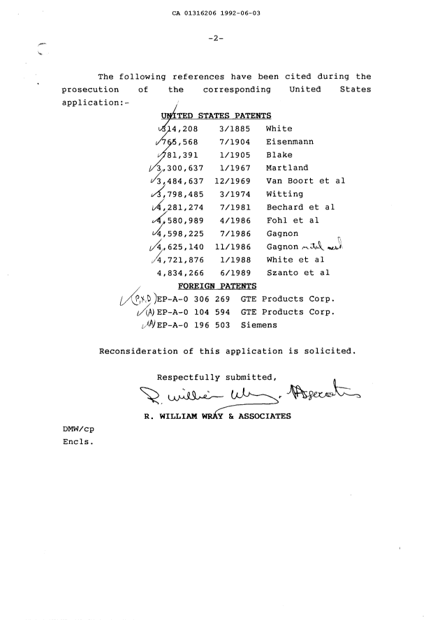 Canadian Patent Document 1316206. Prosecution-Amendment 19920603. Image 2 of 2