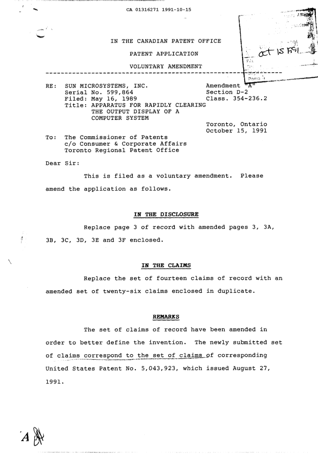 Canadian Patent Document 1316271. Prosecution-Amendment 19911015. Image 1 of 2