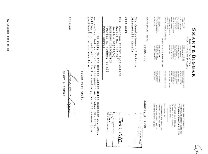 Canadian Patent Document 1316980. PCT Correspondence 19900104. Image 1 of 1