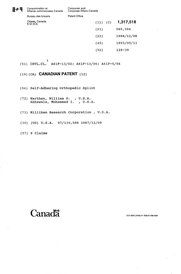 Document de brevet canadien 1317518. Page couverture 19931130. Image 1 de 1