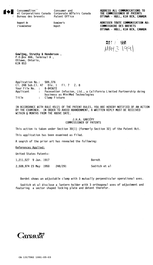 Document de brevet canadien 1317582. Accusé d'autorisation des modifications 19910503. Image 1 de 2