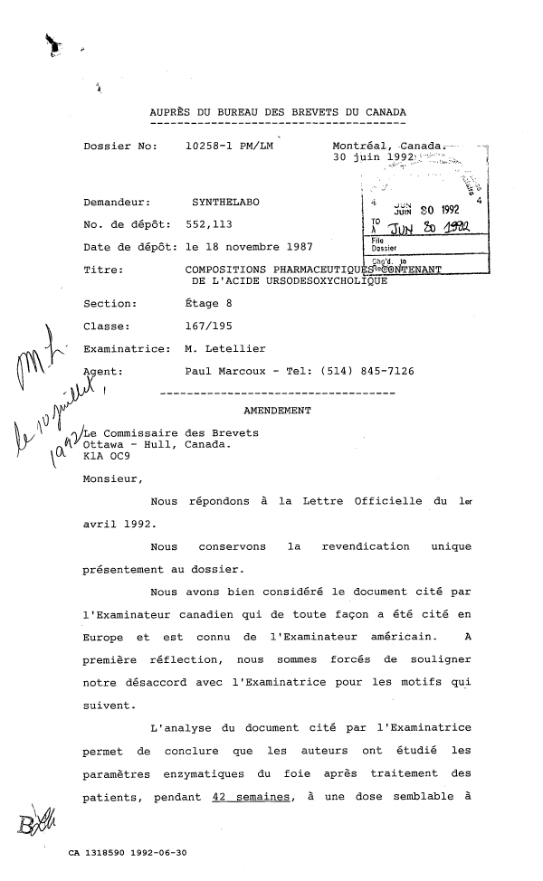 Document de brevet canadien 1318590. Correspondance de la poursuite 19920630. Image 1 de 5