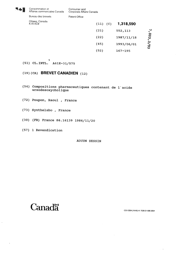 Document de brevet canadien 1318590. Page couverture 19940122. Image 1 de 1