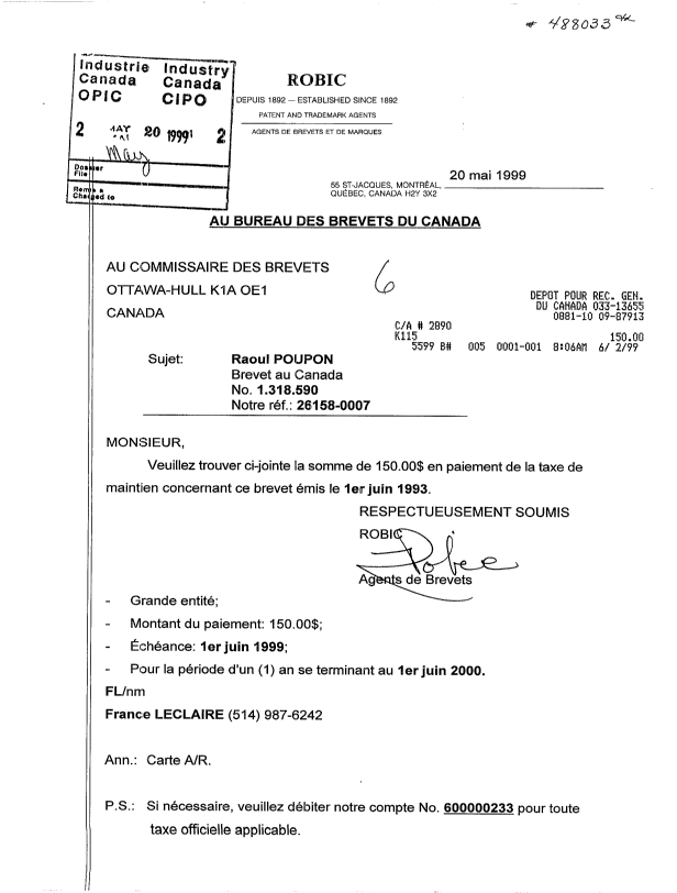 Canadian Patent Document 1318590. Fees 19981220. Image 1 of 1
