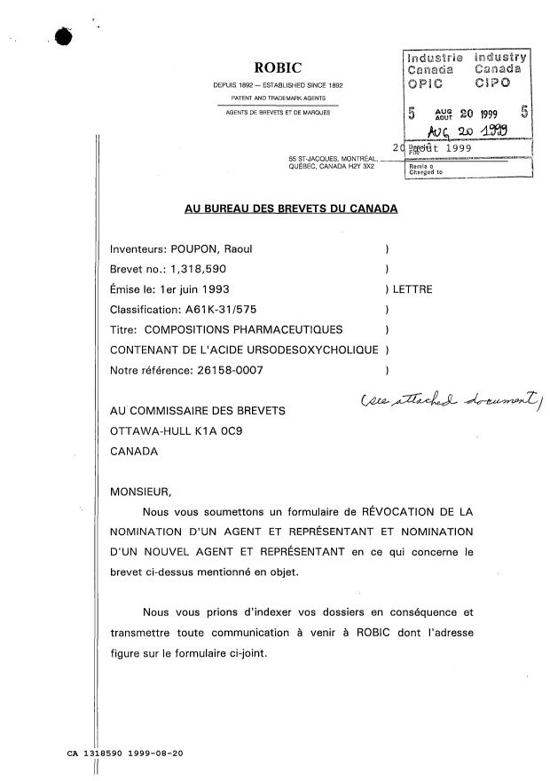 Document de brevet canadien 1318590. Correspondance reliée au PCT 19990820. Image 1 de 3
