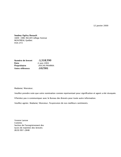 Document de brevet canadien 1318590. Correspondance 19991212. Image 1 de 1