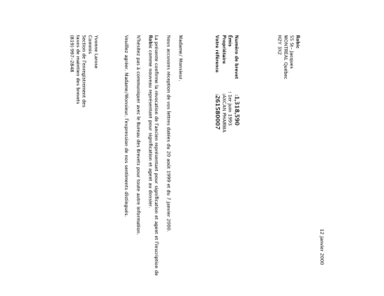 Canadian Patent Document 1318590. Correspondence 19991212. Image 1 of 1