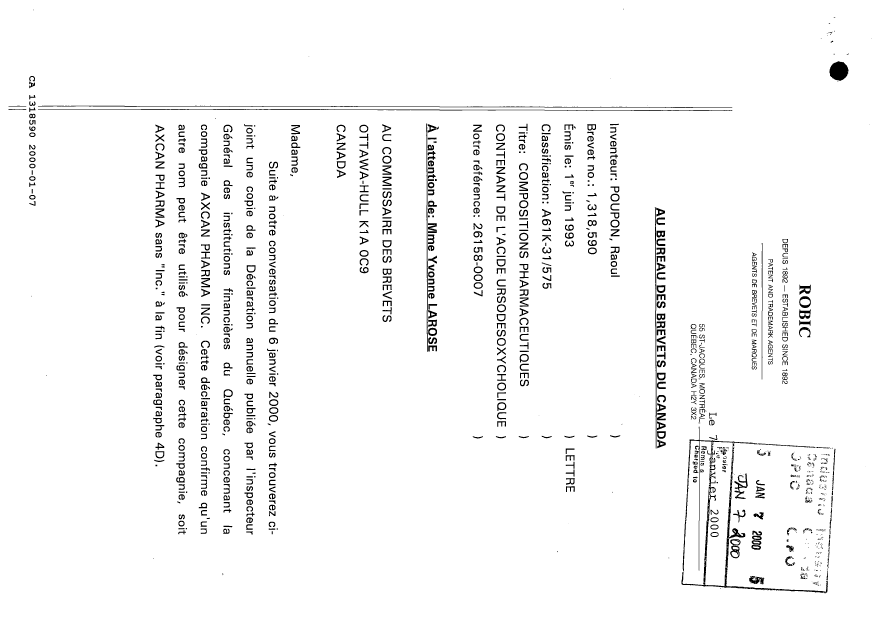 Document de brevet canadien 1318590. Correspondance reliée au PCT 20000107. Image 1 de 3