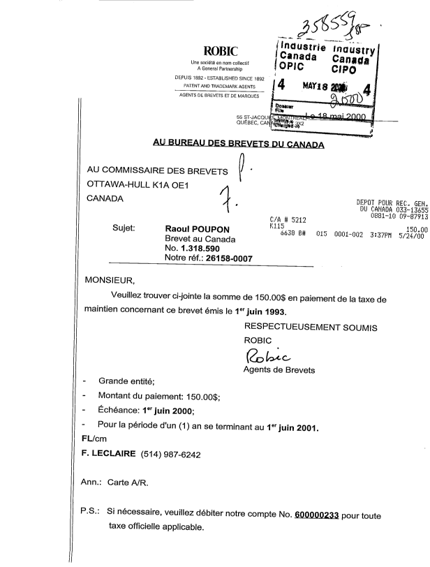 Document de brevet canadien 1318590. Taxes 20000518. Image 1 de 1