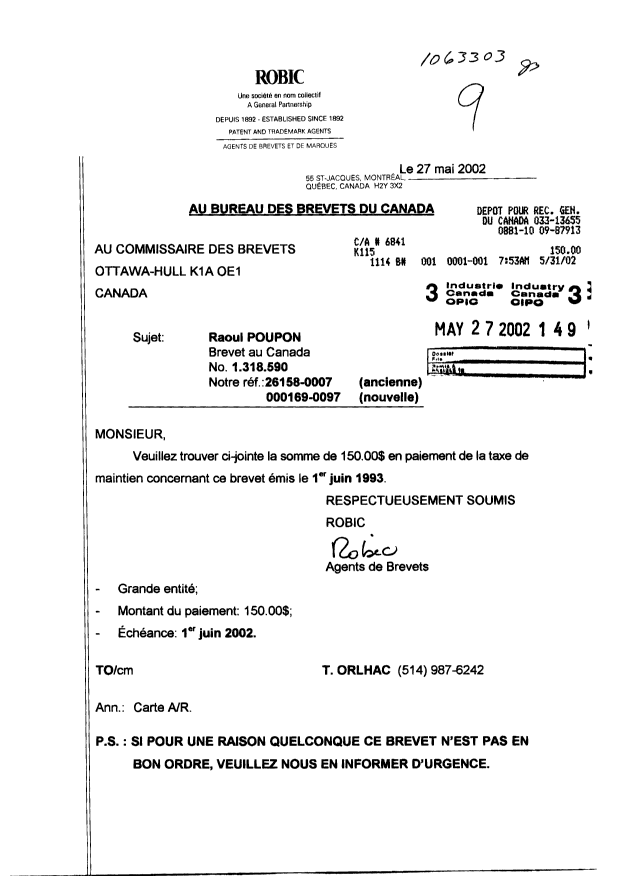 Canadian Patent Document 1318590. Fees 20011227. Image 1 of 1
