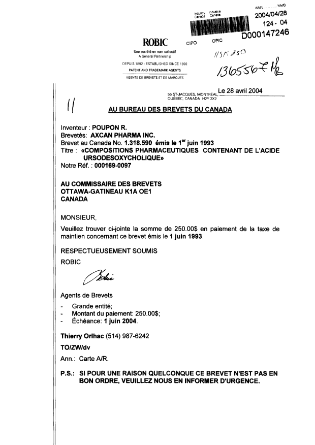 Document de brevet canadien 1318590. Taxes 20040428. Image 1 de 1